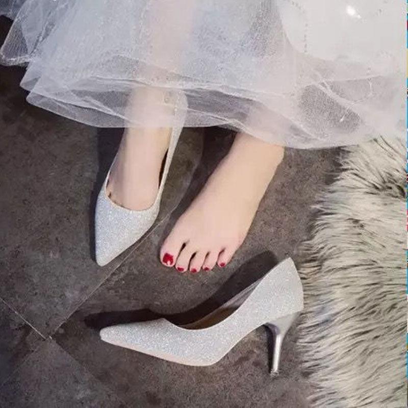 33-45 Super Large Size Professional Work High Heels Women Wedding Shoes Shallow Mouth Stiletto Sequins Pointed Sexy Anti