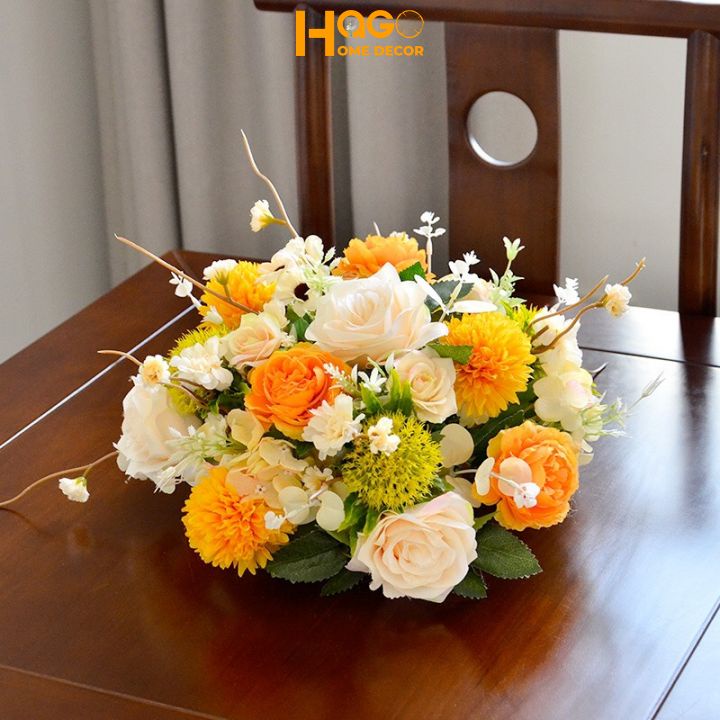 Hoa lụa, giỏ hoa lẵng hoa để bàn dài 45cm trang trí bàn hội thảo, hội nghị, bàn trà, bàn ăn, kệ tủ