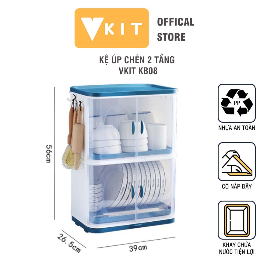 Kệ úp chén có nắp đậy 2 tầng có khay hứng nước VKIT KB08