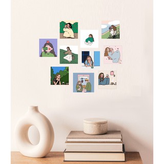 Set thiệp- postcard- decal dán cô gái trang trí cực xinh 10 hình 9x9cm dán tường không thấm nước