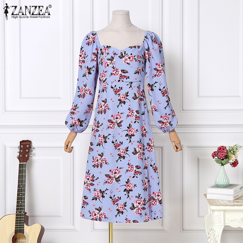 Đầm dài ZANZEA tay phồng dài cổ vuông có dây kéo bên hông thời trang cho nữ