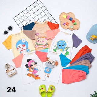 Bộ cọc tay phối tay màu,thun lạnh minky mom mịn mát in hoạt hình cho bé trai, gái size 8 đến 30kg M24