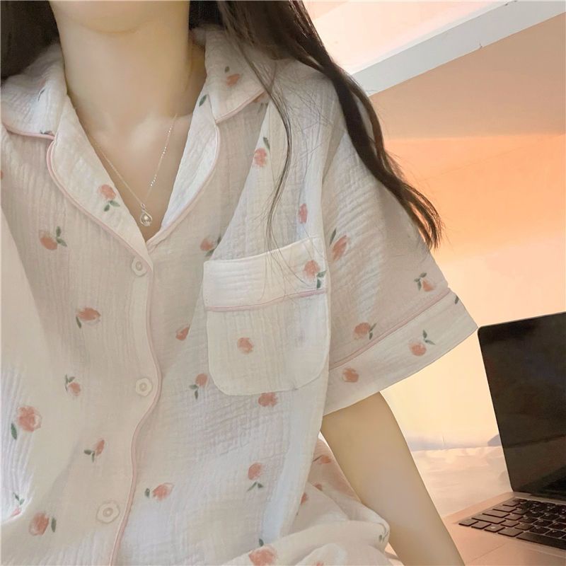 Bộ Đồ Ngủ Tay Ngắn In Họa Tiết Trái Đào Dễ Thương Thoải Mái Phong Cách Nhật Bản Cho Nữ