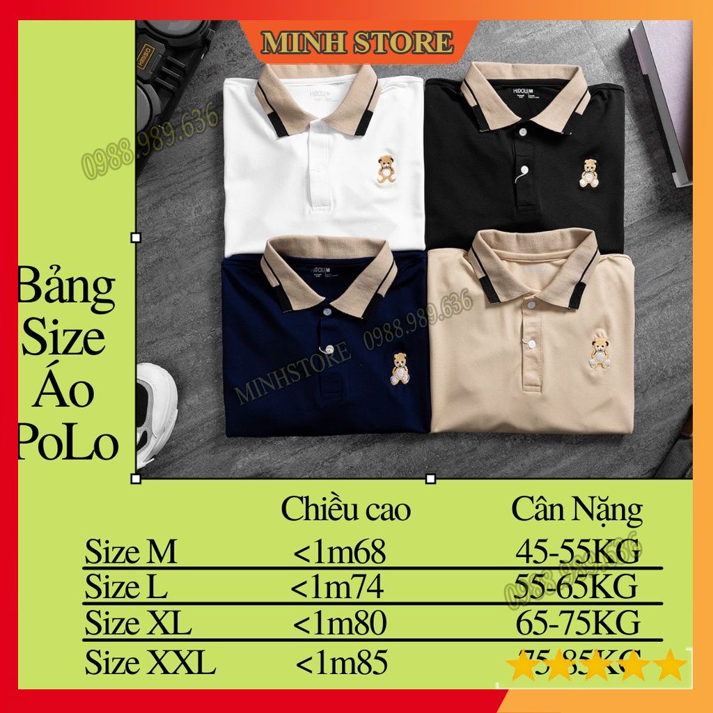 Áo polo nam vải cá sấu mát lạnh chất cotton 4 chiều cao cấp,  áo thun polo in hình gấu co dãn trẻ trung AT04 - MS66