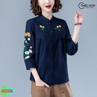 Áo Kiểu Trung Niên Linen Tay Dài Thêu Họa Tiết Hoa H0306