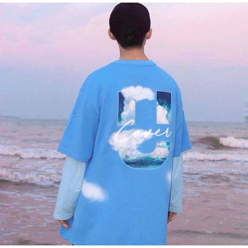 Áo thun nam nữ oversize chữ U COVER xanh dương