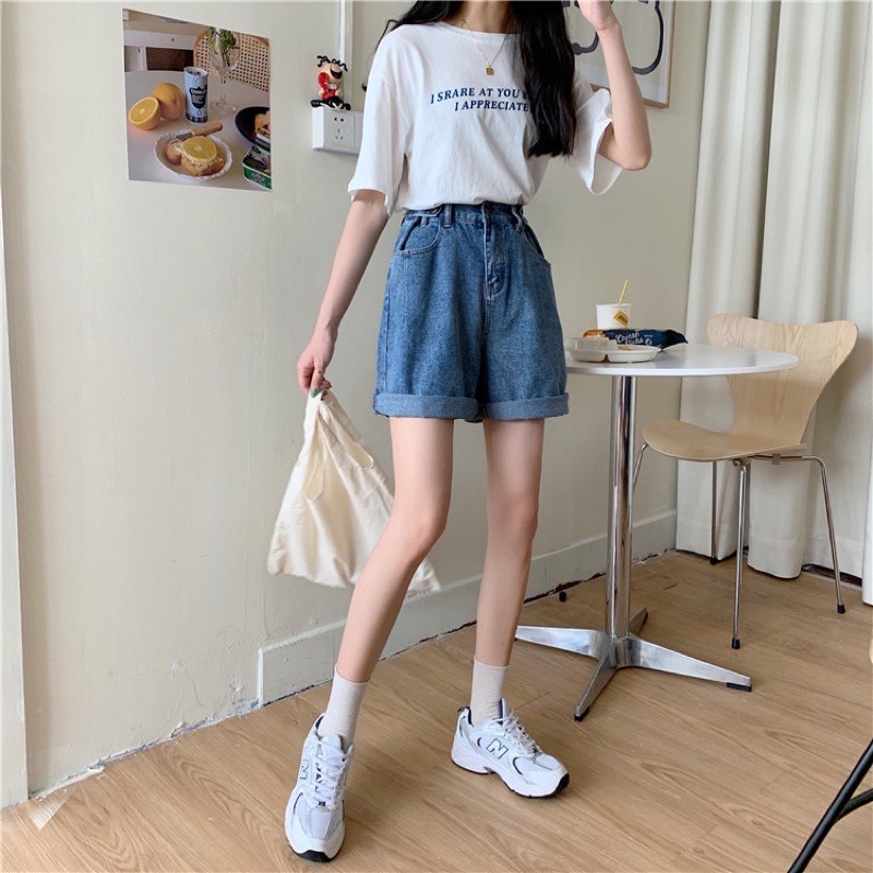 (Bigsize 30-36) Quần Ngố Cotton Ống Rộng, Quần Short Jean Lưng Cao, Không Giãn, Quần Suông Lửng Xanh Đậm Basic