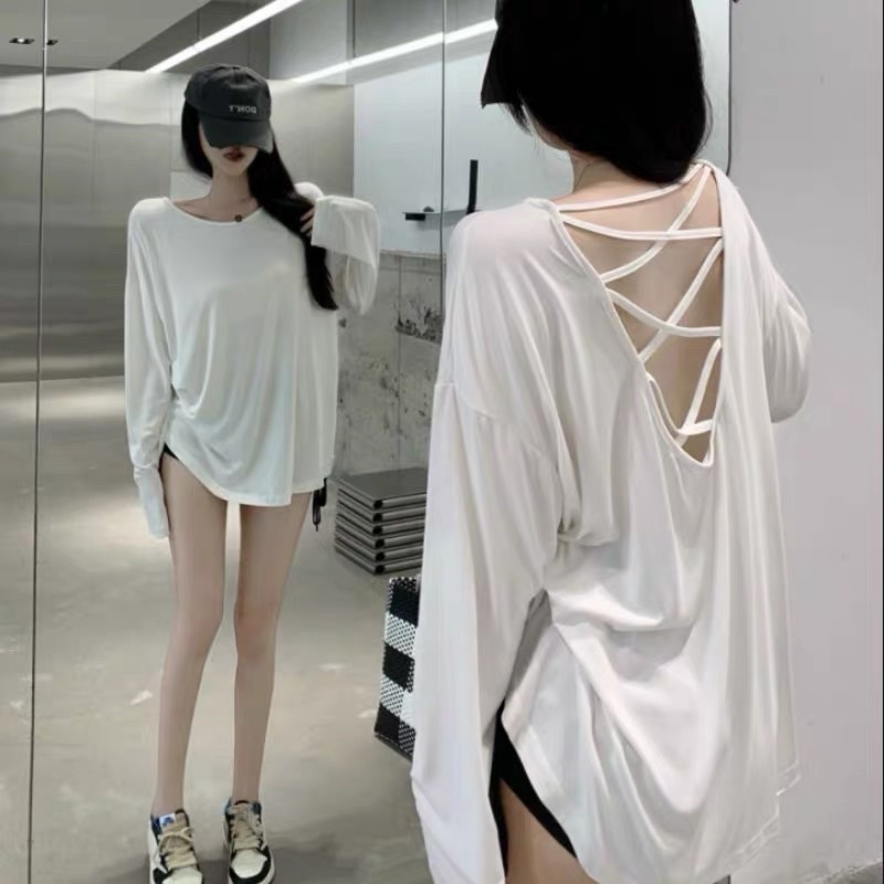 Áo thun tay dài hở lưng thu đông form rộng Trơn áo phông tay dài Trơn Basic nhiều màu