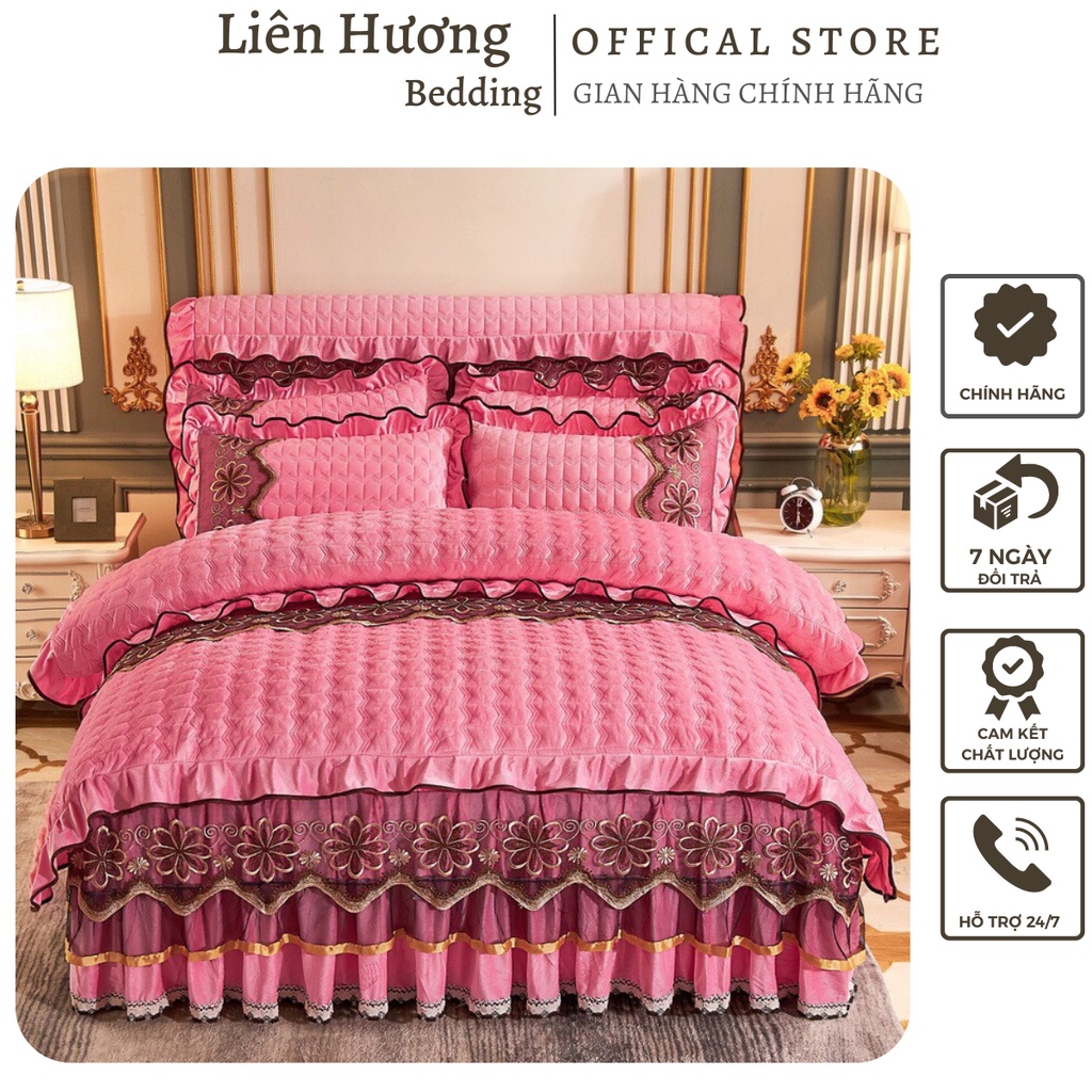 Bộ Ga Gối Nỉ Nhung Hoàng gia Trần Phủ Ren Cao Cấp Sét 3 Món, Chất nỉ dầy dặn Chuẩn hàng Loại 1