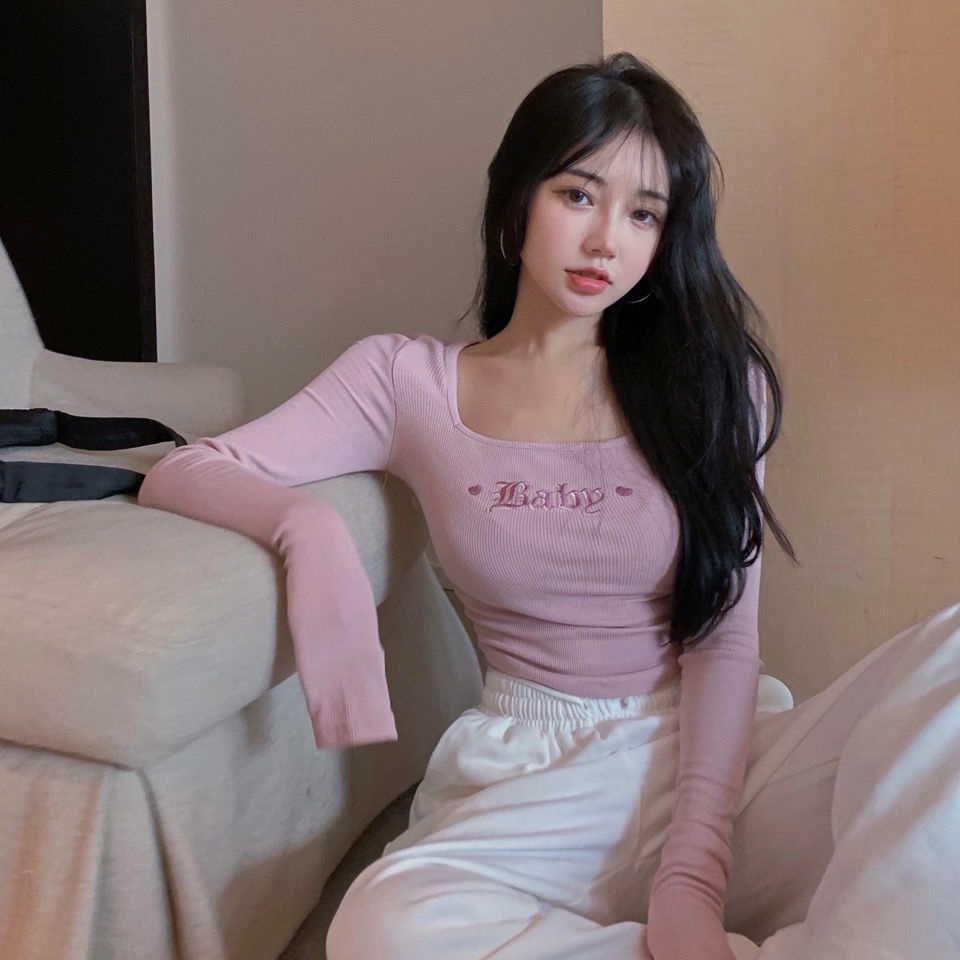 Áo thun COZOK tay dài cổ vuông thêu họa tiết quyến rũ cho nữ