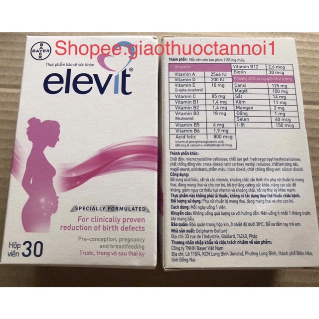 Bổ bà bầu elevit pháp (vitamin a, d, e, c, b1, b2, b3, b5, b6, b12, acid folic,biotin,canxi ,magie ,sắt,kẽm,mangan bayer