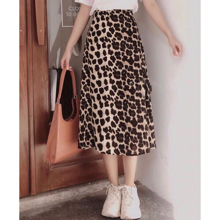 Set Vintage Áo Thun Trắng Mix Chân Váy Beo Midi (Kèm Hình Thật) - SE320