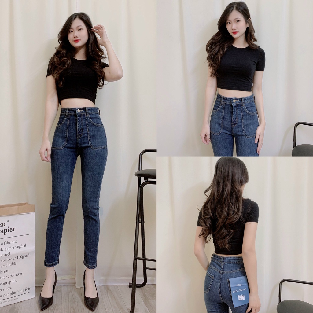 Quần jean nữ lưng cao túi ốp, dễ mặc, quần jean ôm nữ mềm, co dãn tốt
