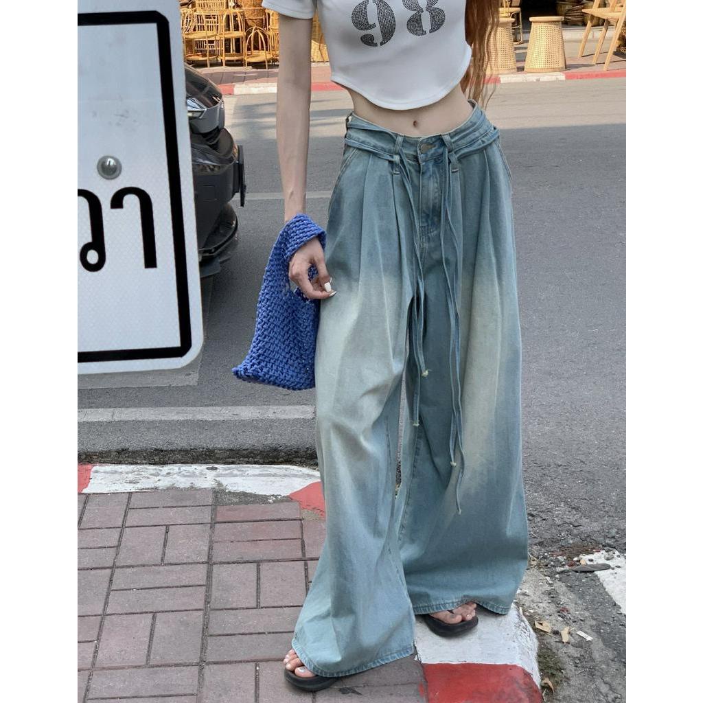 62667 Quần Denim Ống Rộng Dây Rút Màu Sắc Tươi Sáng Mùa Hè Miễn Phí 2 Dây