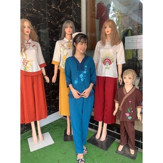 Đồ lam - Áo lam - Cổ V 3 Nút Đũi