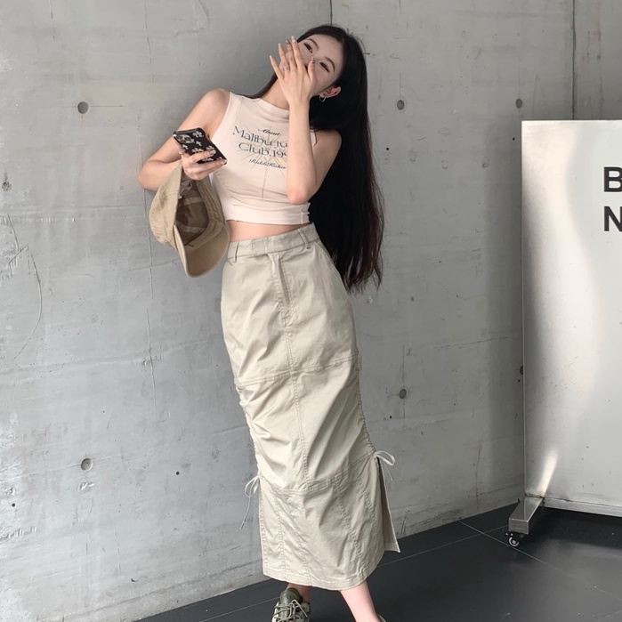 QKOOLE Chân váy  dáng chữ A lưng cao xẻ tà phong cách Hàn Quốc thời trang cho nữ