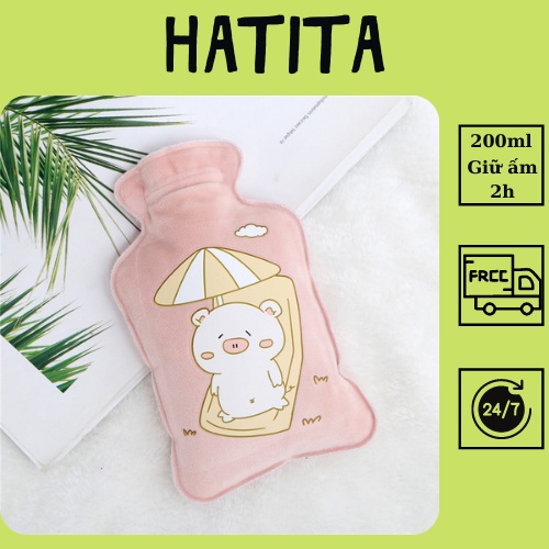 Túi chườm nóng lạnh nhung mềm Hatita giảm đau bụng kinh, túi chườm giữ ấm hạ sốt 200ml-Heo cute