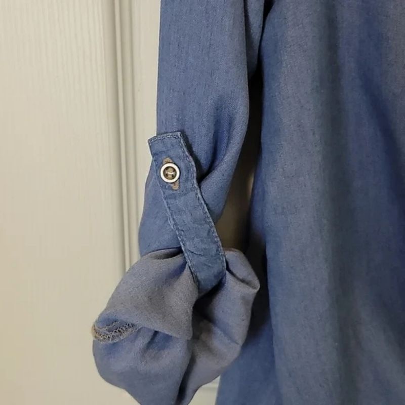 Áo sơ mi denim VNXK jeans blouse tie front áo bò jean giấy tay dài cột nơ trước xuất khẩu dư xịn