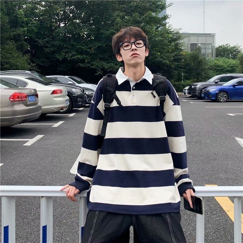 Áo sweater cổ polo kẻ