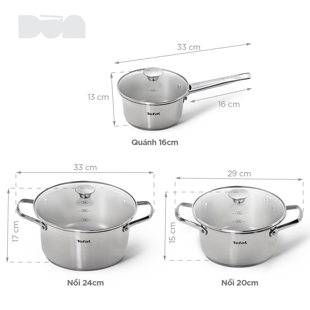 Bộ 3 nồi inox Tefal Simpleo B907S644 16cm -20cm -24cm