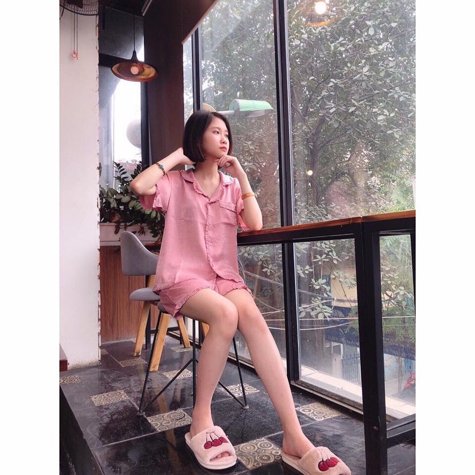 Đồ ngủ Pijama Phi viền Bèo Form đùi - size 45-60kg