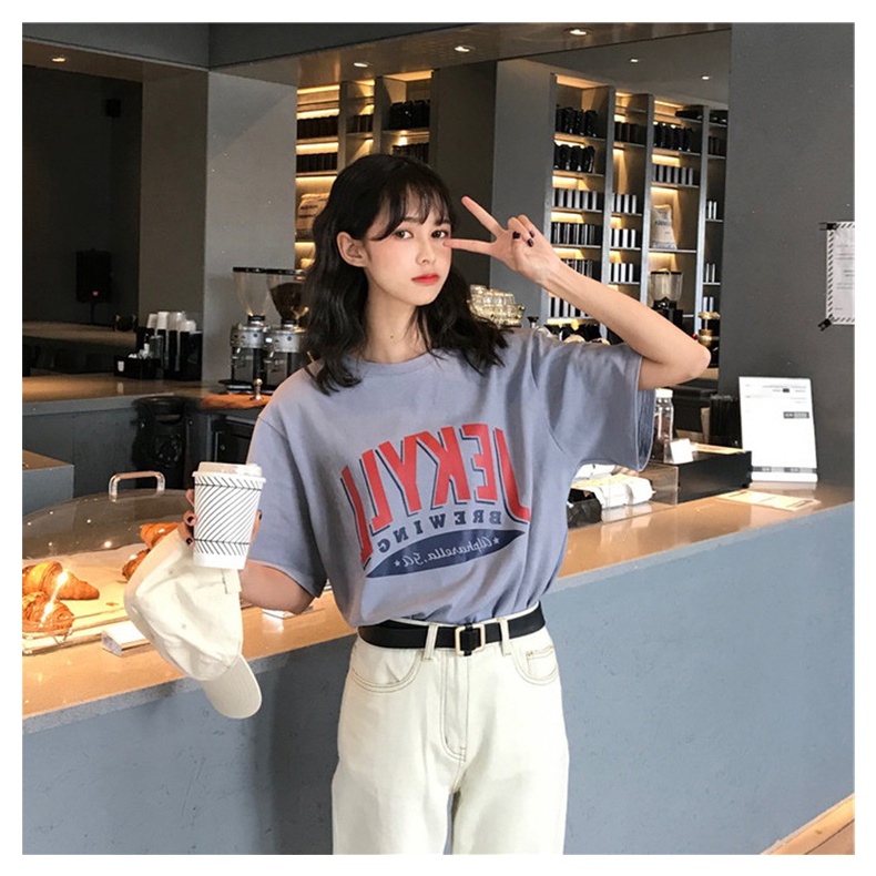 WANG JIAO ZHAN Áo Thun Nữ Ngắn Tay In Chữ Phong Cách Hàn Quốc Mới