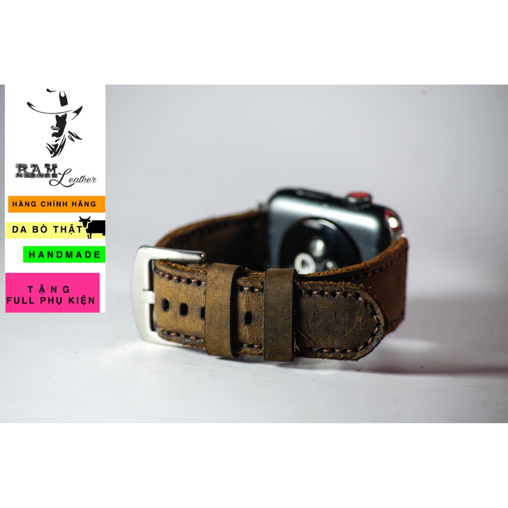 Dây đồng hồ Apple Watch , Iwatch , Iphone Watch Da Bò Thật Nâu Đất RAM Leather Bauhaus 1950  Bền Đẹp