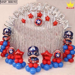 Trang trí sinh nhật siêu nhân cho bé trai có 2 rèm, bóng chữ happybirthday y hình