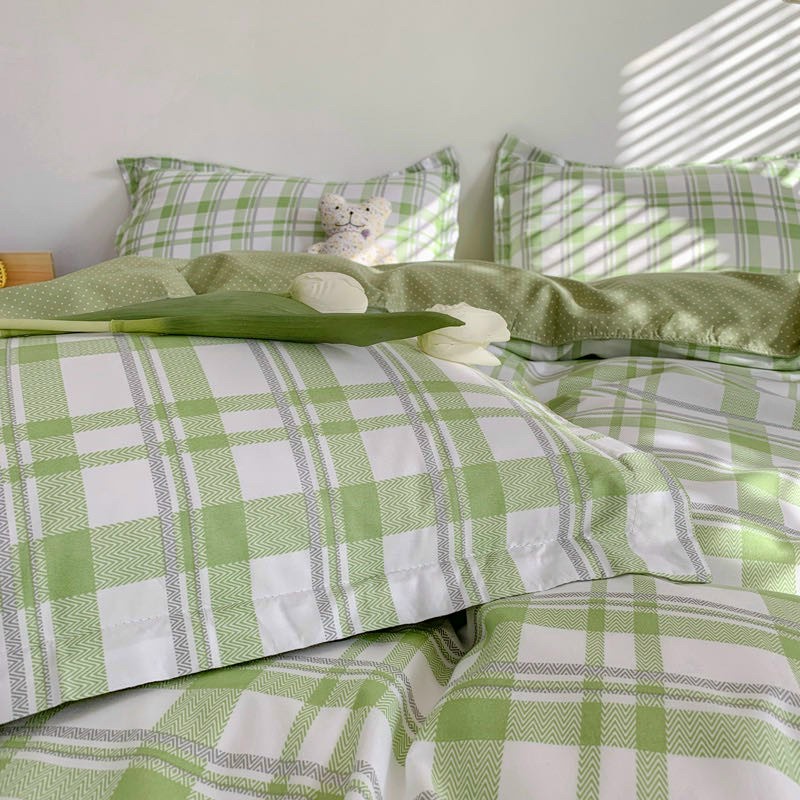 Bộ chăn ga gối Poly Cotton kẻ Hàn Quốc cho người yêu đơn giản (Tặng vỏ gối ôm) - Miễn phí bo chun