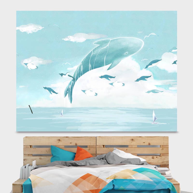 Tấm Vải Treo Tường Họa Tiết Hoạt Hình Cá Voi / Trái Tim / Ngôi Sao Trang Trí Phòng Ngủ Cho Bé Gái