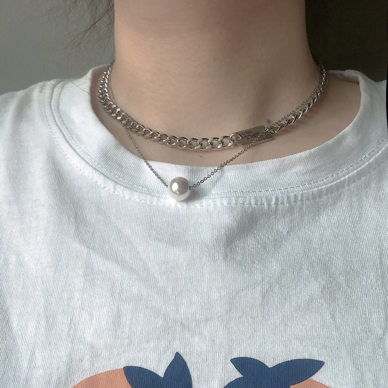 Vòng cổ Bằng Thép Titan Đính Ngọc Trai Phong Cách Hip Hop Thời Trang