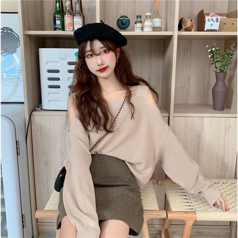 Áo len nữ hở vai gợi cảm, che khuyết điểm tốt, form rộng phong cách nàng thơ Hàn Quốc (Hàng có sẵn)