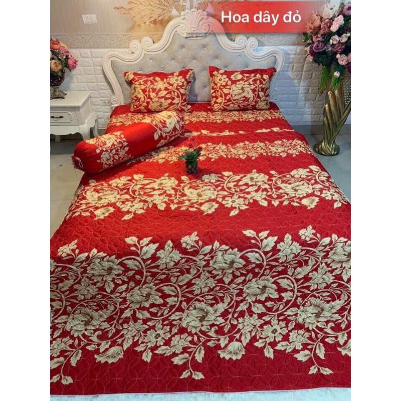 Bộ Chăn Ga Gối 5 MÓn ( 1 Drap + 2 Vỏ Gối Nằm + 1 Chăn Hè + 1 Vỏ Gối Ôm ) Đỏ Phối Họa Tiết Hoa Siêu Đẹp