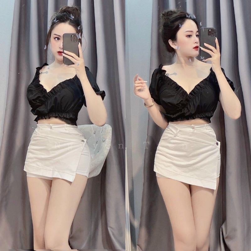 Áo kiểu nữ form croptop chất kate lụa nhún dây cột eo