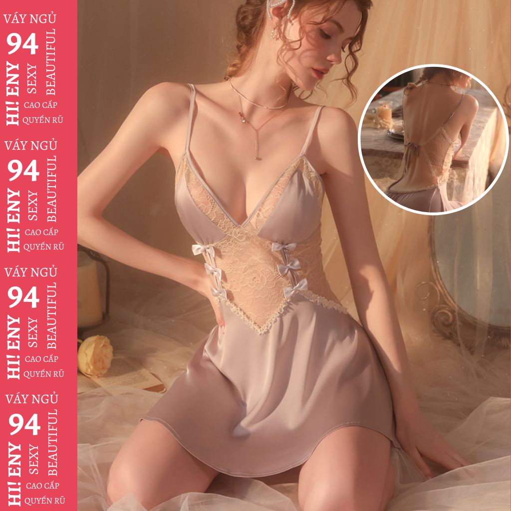 Đầm ngủ lụa satin sexy Váy ngủ 2 dây gợi cảm thắt lưng yếm hở lưng siêu quyến rũ M87