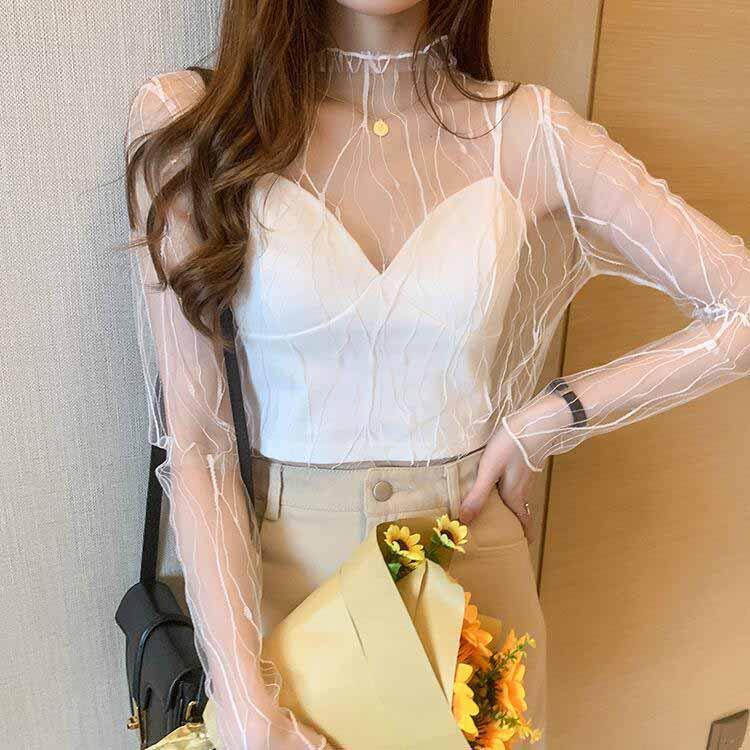 Áo Sơ Mi Tay Dài Phối Ren Lưới Mỏng Xuyên Thấu Phong Cách Hàn Quốc Thời Trang Mùa Thu Cho Nữ