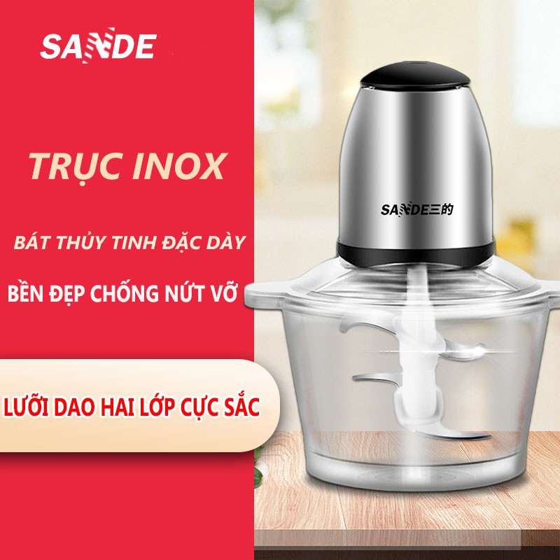 Máy xay thịt SANDE đa chức năng bản nâng cấp mới nhất - Dung tích 2 Lít - Trục lưỡi dao Inox chống va đập và mài mòn