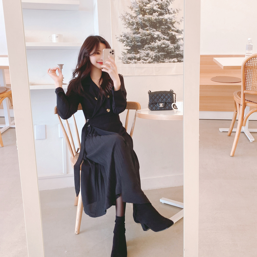 Đầm midi peppermint 32340 tay dài cổ chữ V màu trơn thiết kế đơn giản sành điệu