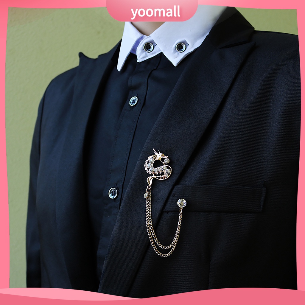 Ghim cài áo hình rồng đính kim cương giả phối dây xích thời trang Trung Hoa