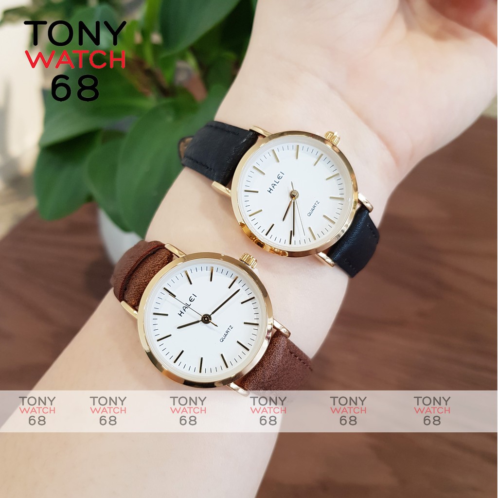 Cặp đồng hồ nam nữ Halei dây da số vạch mặt siêu mỏng mạ vàng chính hãng Tony Wacth 68