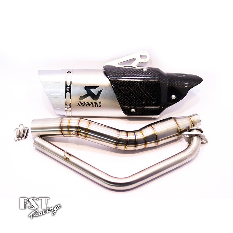 Pô Akrapovic R1 trắng  kèm cổ bầu hơi inox 304 màng lọc tổ ong