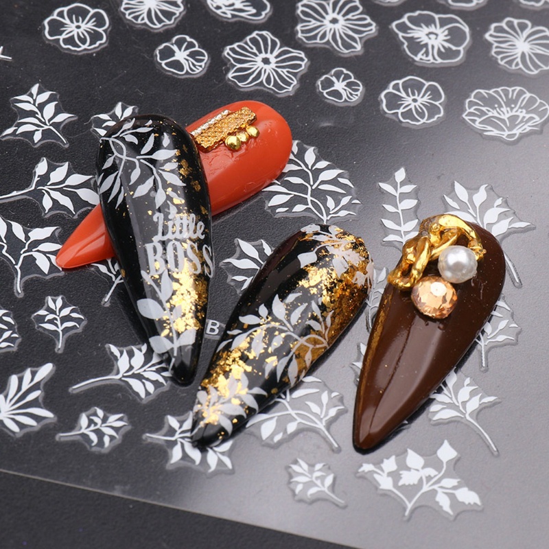 Miếng Dán Móng Tay Tự Dính Họa Tiết Hoa Màu Trắng