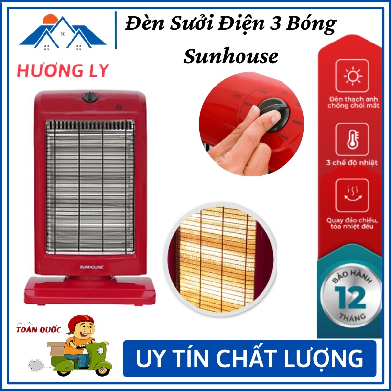 Đèn Sưởi 3 Bóng Halogen Sunhouse SHD7016 ,  Máy Sưởi Điện Đèn Thạch Anh Không Gây Khô Da Và Khó Thở  - BH 12 Tháng