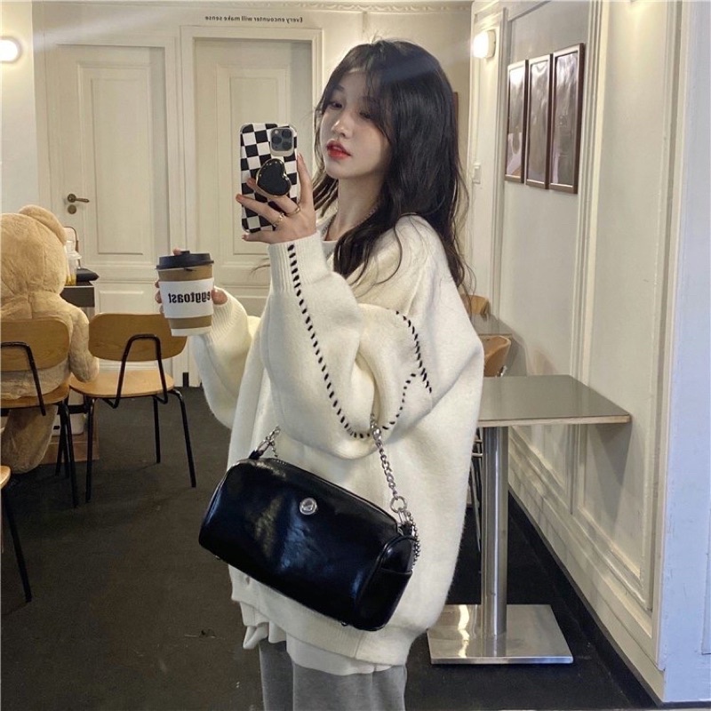Áo khoác len cardigan dáng rộng đường chỉ thêu giả dễ thương ulzzang Hàn Quốc - Yannie