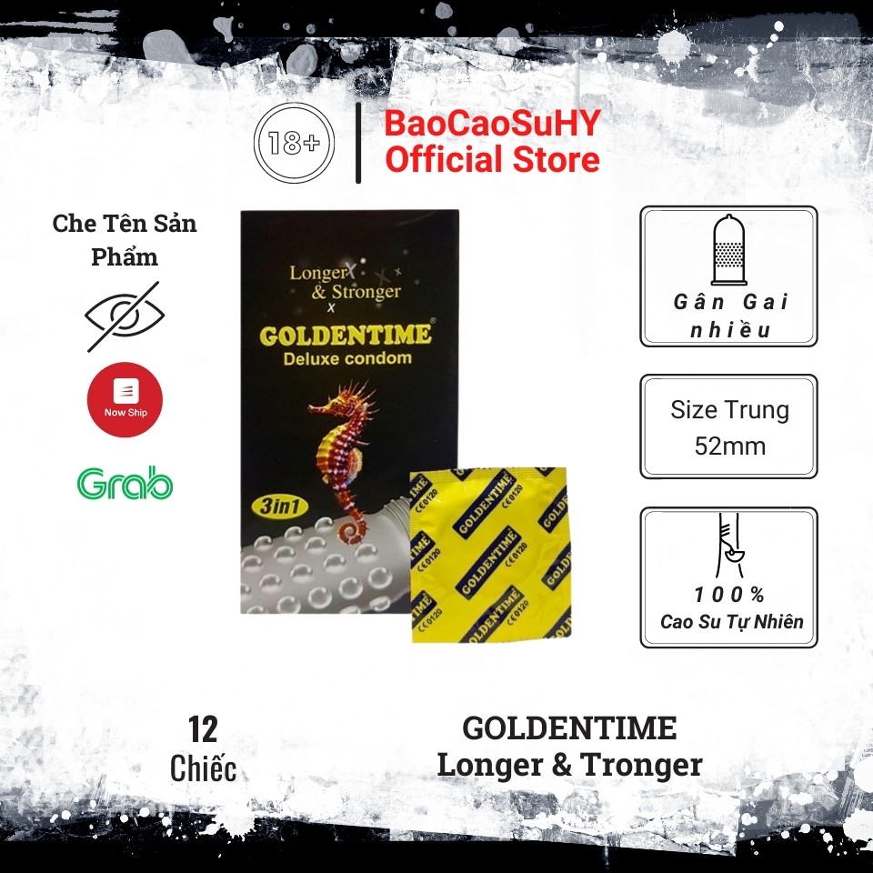 Bao Cao Su GOLDENTIME Longer & Stronger 3in1 Siêu Mỏng Hộp 12 Chiếc Có Gân Gai Kéo Dài Thời Gian Chống Xuất Tinh Sớm
