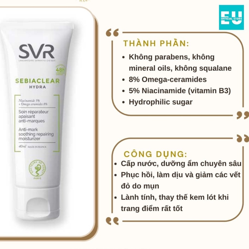 Kem Dưỡng Ẩm Phục Hồi Cho Da Dầu Mụn SVR Sebiaclear Hydra/ Active Creme/Mat+Pores 40ml