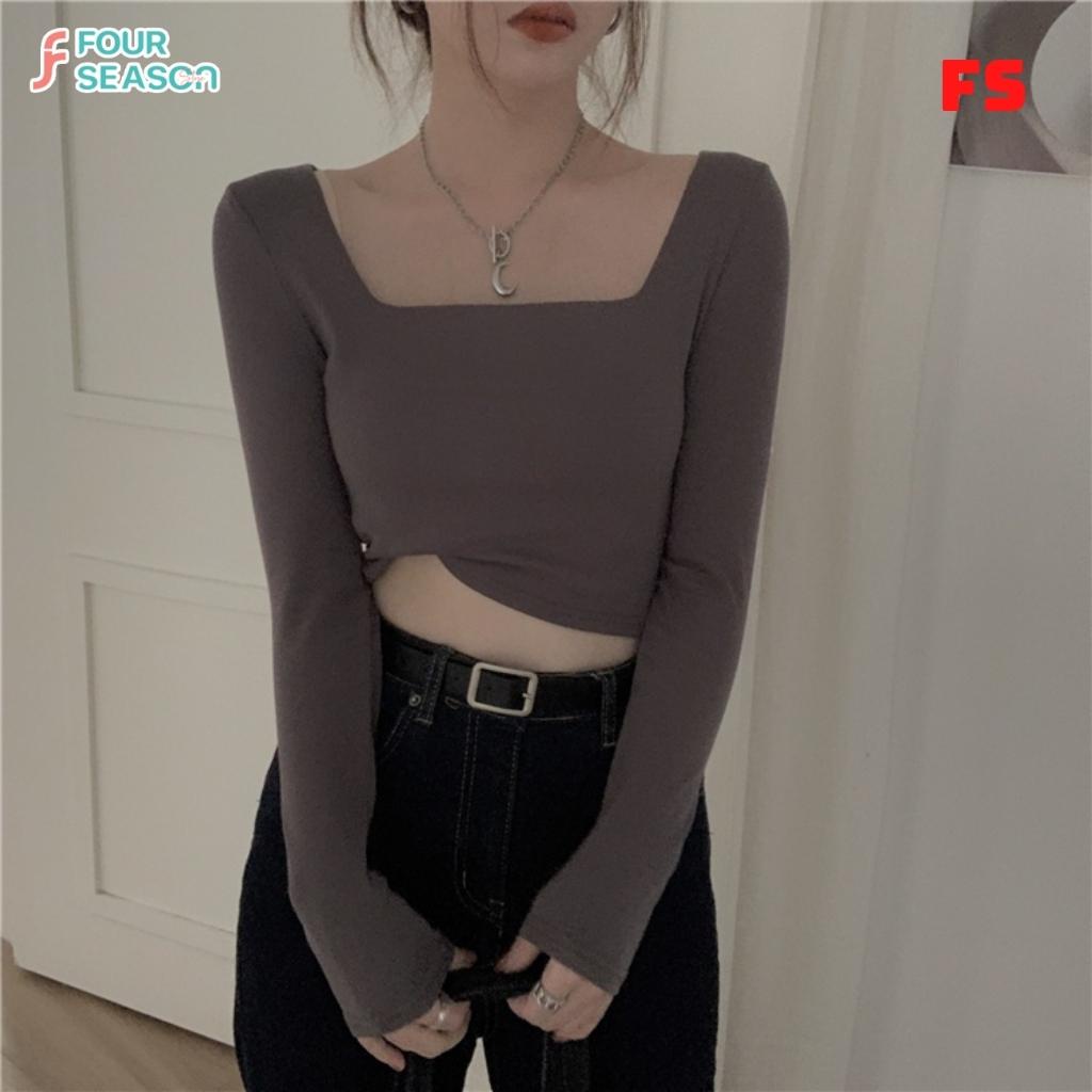 Áo croptop tay dài cổ vuông dáng ôm co giãn ACT08 4S áo thun nữ chất vải tốt mềm mịn