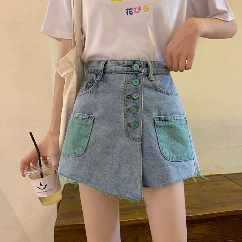 Quần Short Denim Giả Váy Eo Cao Kiểu Hàn Quốc Thời Trang Mùa Xuân 2021 Cho Nữ