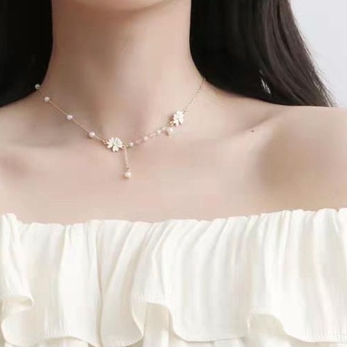 Vòng cổ xỏ phụ kiện ngọc trai mặt cười hoa cúc cá tính cổ điển phong cách hip hop