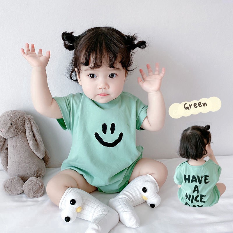 Jumpsuit Tay Ngắn Chất Cotton Hoạ Tiết Mặt Cười Cho Bé 0-3 Tuổi